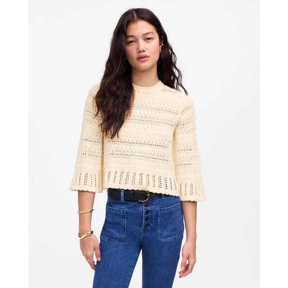 Madewell Scalloped-Trim Sweater Tee Sz XS Sand Crewneck Crop Open Knit Pullover - Picture 1 of 9